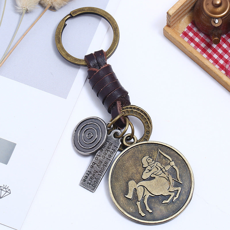 Wholesale Retro Woven 12 Constellation Cowhide Keychain